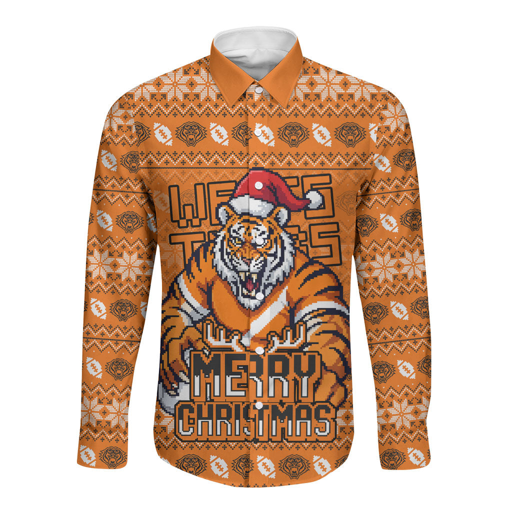 Personalized Wests Tigers Christmas Long Sleeve Button Shirt Australian Rugby Fans - Pixelated Ugly Xmas Pattern Mascot Santa
