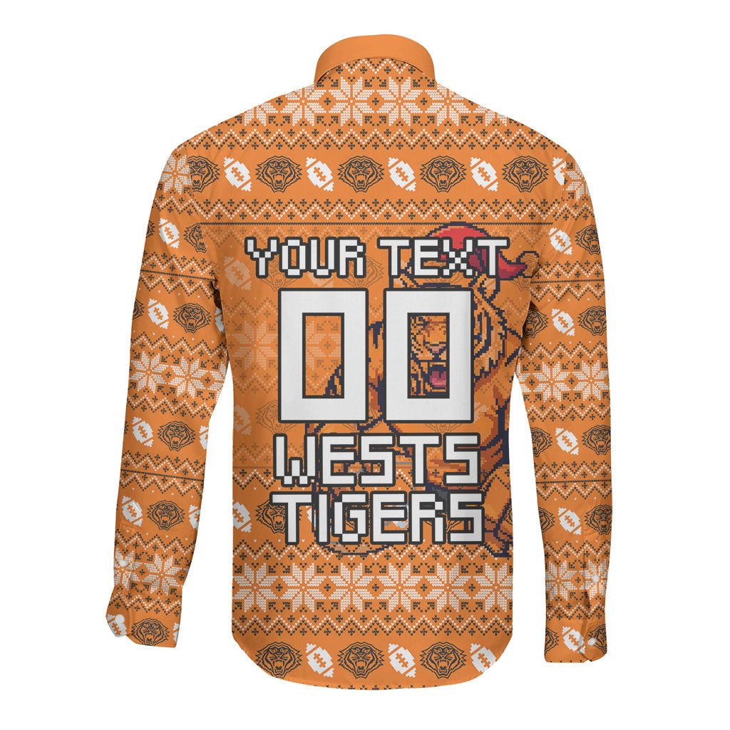 Personalized Wests Tigers Christmas Long Sleeve Button Shirt Australian Rugby Fans - Pixelated Ugly Xmas Pattern Mascot Santa