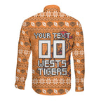 Personalized Wests Tigers Christmas Long Sleeve Button Shirt Australian Rugby Fans - Pixelated Ugly Xmas Pattern Mascot Santa