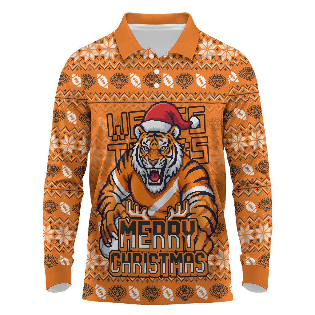 Personalized Wests Tigers Christmas Long Sleeve Polo Shirt Australian Rugby Fans - Pixelated Ugly Xmas Pattern Mascot Santa