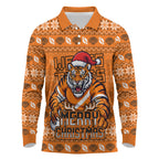 Personalized Wests Tigers Christmas Long Sleeve Polo Shirt Australian Rugby Fans - Pixelated Ugly Xmas Pattern Mascot Santa