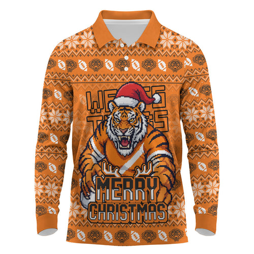 Personalized Wests Tigers Christmas Long Sleeve Polo Shirt Australian Rugby Fans - Pixelated Ugly Xmas Pattern Mascot Santa