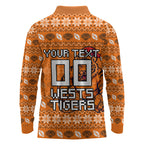Personalized Wests Tigers Christmas Long Sleeve Polo Shirt Australian Rugby Fans - Pixelated Ugly Xmas Pattern Mascot Santa