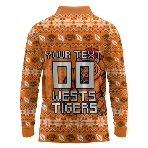Personalized Wests Tigers Christmas Long Sleeve Polo Shirt Australian Rugby Fans - Pixelated Ugly Xmas Pattern Mascot Santa