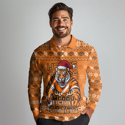 Personalized Wests Tigers Christmas Long Sleeve Polo Shirt Australian Rugby Fans - Pixelated Ugly Xmas Pattern Mascot Santa