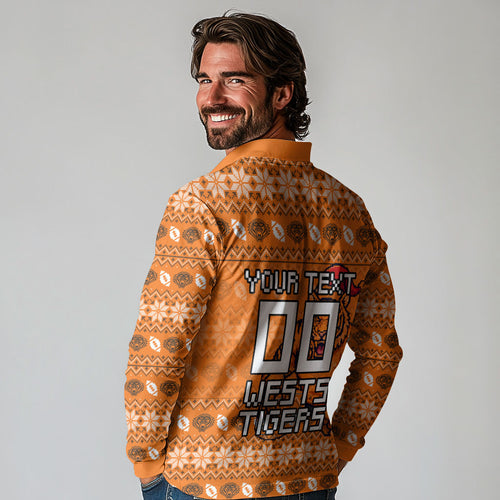 Personalized Wests Tigers Christmas Long Sleeve Polo Shirt Australian Rugby Fans - Pixelated Ugly Xmas Pattern Mascot Santa