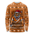 Personalized Wests Tigers Christmas Long Sleeve Shirt Australian Rugby Fans - Pixelated Ugly Xmas Pattern Mascot Santa