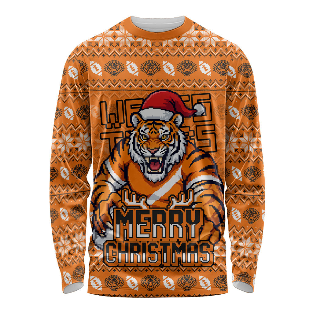 Personalized Wests Tigers Christmas Long Sleeve Shirt Australian Rugby Fans - Pixelated Ugly Xmas Pattern Mascot Santa