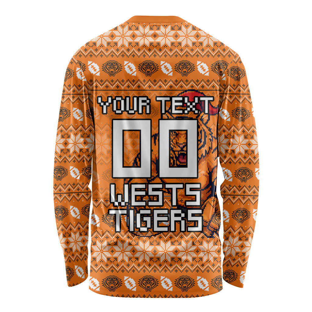 Personalized Wests Tigers Christmas Long Sleeve Shirt Australian Rugby Fans - Pixelated Ugly Xmas Pattern Mascot Santa