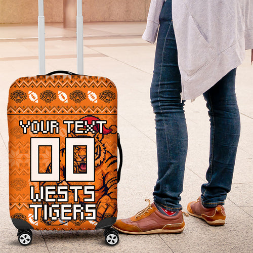 Personalized Wests Tigers Christmas Luggage Cover Australian Rugby Fans - Pixelated Ugly Xmas Pattern Mascot Santa