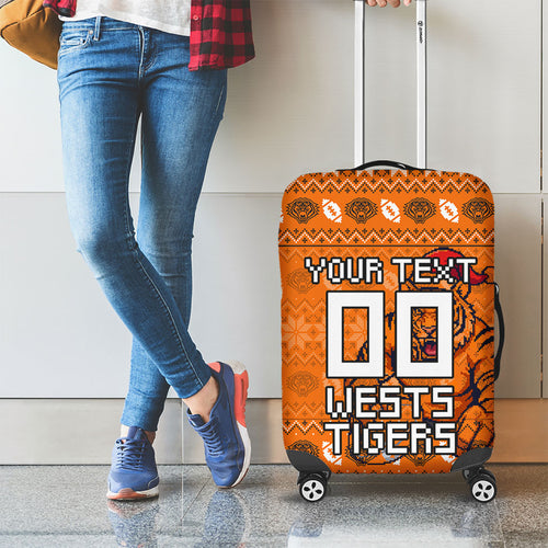 Personalized Wests Tigers Christmas Luggage Cover Australian Rugby Fans - Pixelated Ugly Xmas Pattern Mascot Santa