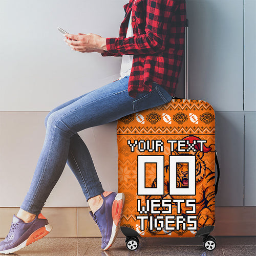 Personalized Wests Tigers Christmas Luggage Cover Australian Rugby Fans - Pixelated Ugly Xmas Pattern Mascot Santa