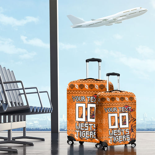 Personalized Wests Tigers Christmas Luggage Cover Australian Rugby Fans - Pixelated Ugly Xmas Pattern Mascot Santa