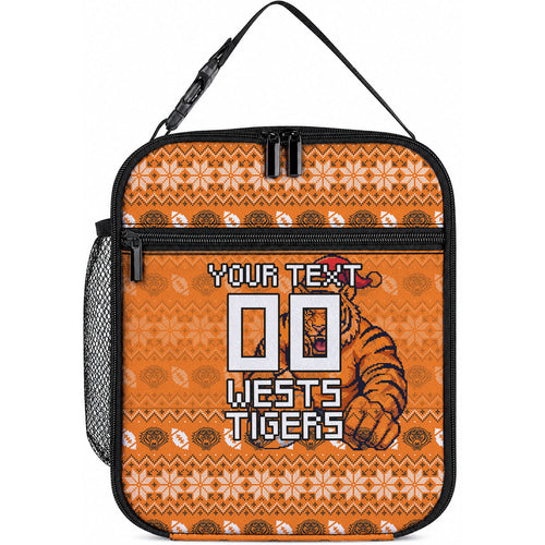 Personalized Wests Tigers Christmas Lunch Bag Australian Rugby Fans - Pixelated Ugly Xmas Pattern Mascot Santa