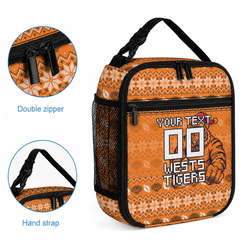 Personalized Wests Tigers Christmas Lunch Bag Australian Rugby Fans - Pixelated Ugly Xmas Pattern Mascot Santa