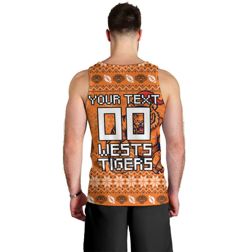 Personalized Wests Tigers Christmas Men Tank Top Australian Rugby Fans - Pixelated Ugly Xmas Pattern Mascot Santa