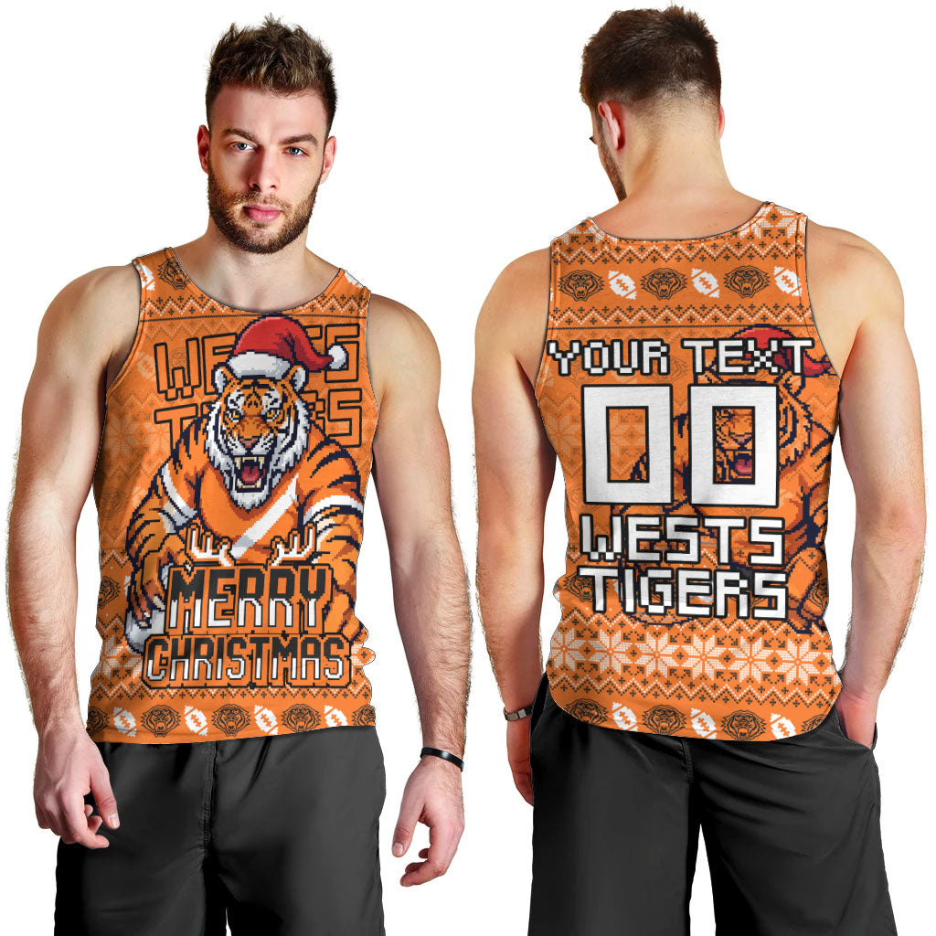 Personalized Wests Tigers Christmas Men Tank Top Australian Rugby Fans - Pixelated Ugly Xmas Pattern Mascot Santa