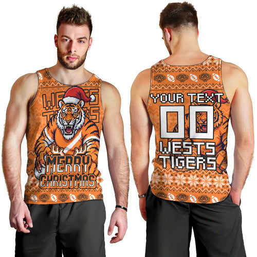 Personalized Wests Tigers Christmas Men Tank Top Australian Rugby Fans - Pixelated Ugly Xmas Pattern Mascot Santa