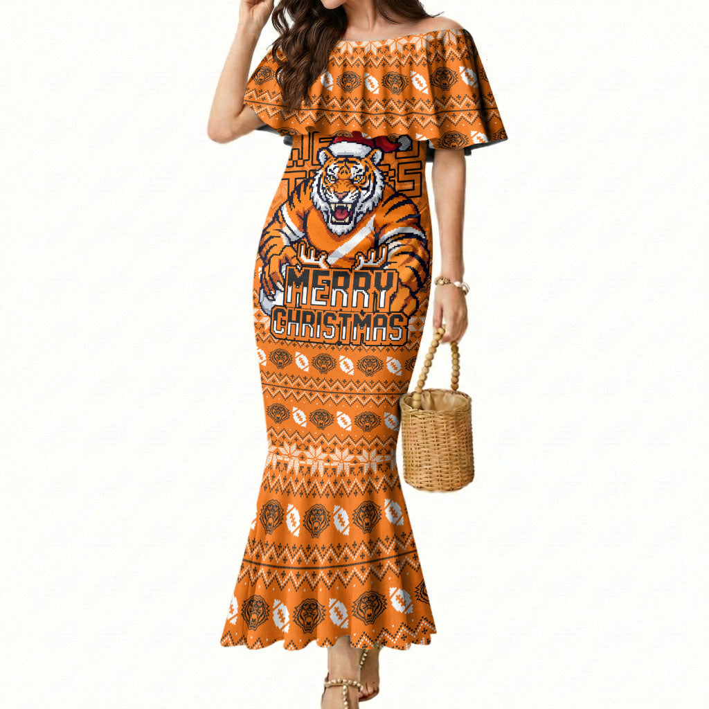 Personalized Wests Tigers Christmas Mermaid Dress Australian Rugby Fans - Pixelated Ugly Xmas Pattern Mascot Santa