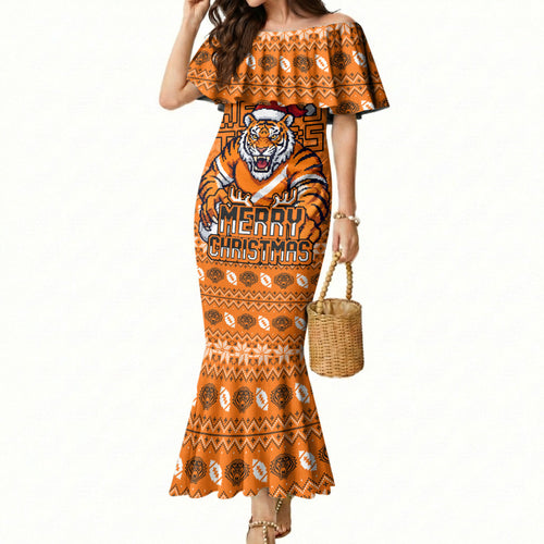 Personalized Wests Tigers Christmas Mermaid Dress Australian Rugby Fans - Pixelated Ugly Xmas Pattern Mascot Santa