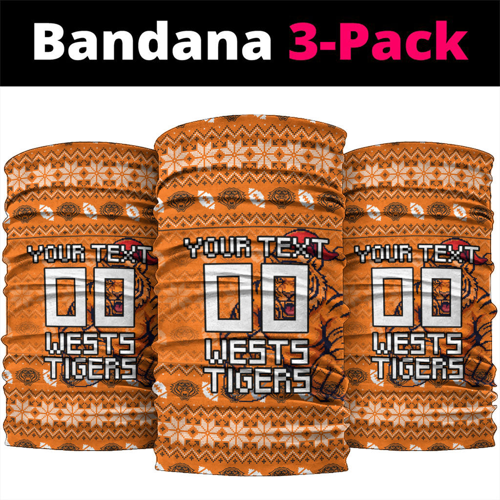 Personalized Wests Tigers Christmas Neck Gaiter Australian Rugby Fans - Pixelated Ugly Xmas Pattern Mascot Santa