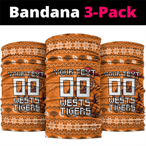 Personalized Wests Tigers Christmas Neck Gaiter Australian Rugby Fans - Pixelated Ugly Xmas Pattern Mascot Santa