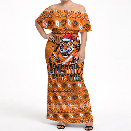 Personalized Wests Tigers Christmas Off Shoulder Maxi Dress Australian Rugby Fans - Pixelated Ugly Xmas Pattern Mascot Santa