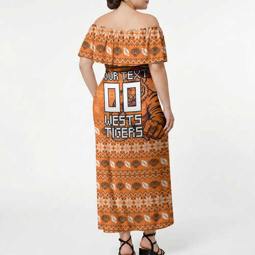 Personalized Wests Tigers Christmas Off Shoulder Maxi Dress Australian Rugby Fans - Pixelated Ugly Xmas Pattern Mascot Santa