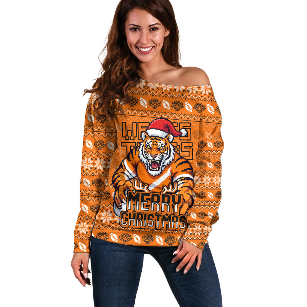 Personalized Wests Tigers Christmas Off Shoulder Sweater Australian Rugby Fans - Pixelated Ugly Xmas Pattern Mascot Santa