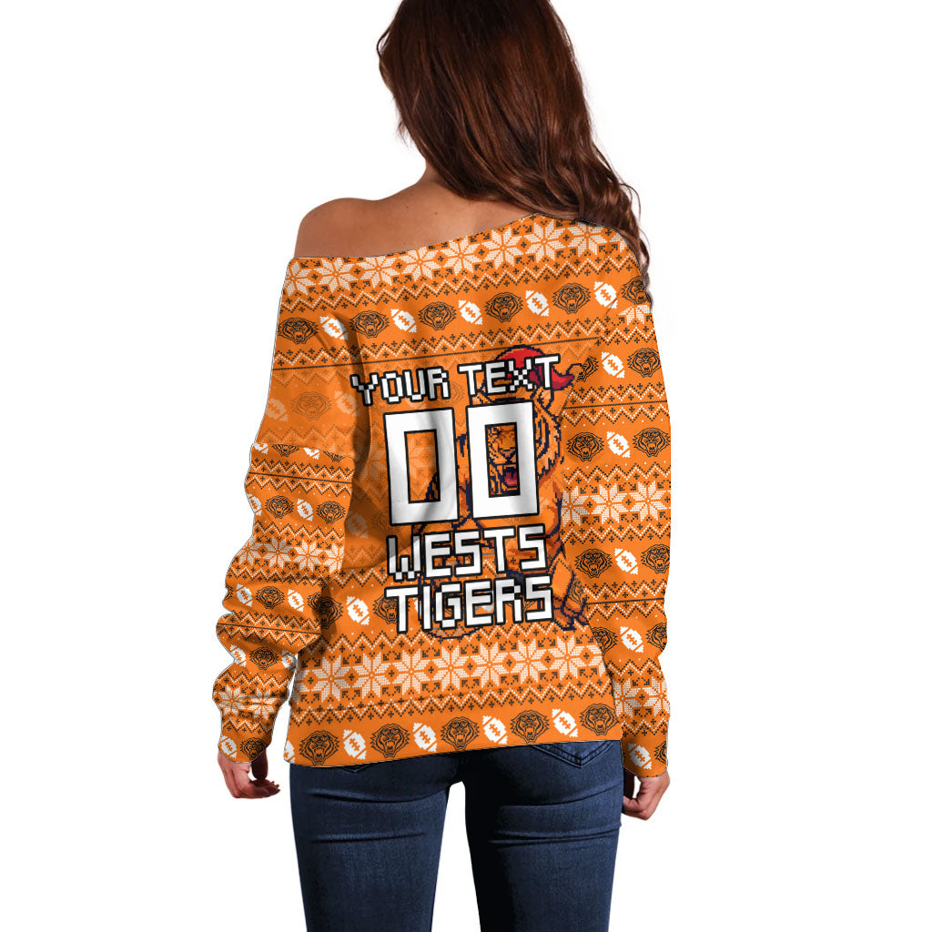 Personalized Wests Tigers Christmas Off Shoulder Sweater Australian Rugby Fans - Pixelated Ugly Xmas Pattern Mascot Santa