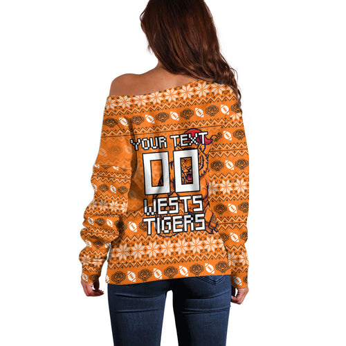 Personalized Wests Tigers Christmas Off Shoulder Sweater Australian Rugby Fans - Pixelated Ugly Xmas Pattern Mascot Santa