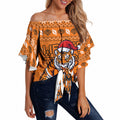 Personalized Wests Tigers Christmas Off Shoulder Wrap Waist Top Australian Rugby Fans - Pixelated Ugly Xmas Pattern Mascot Santa
