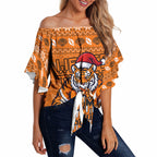 Personalized Wests Tigers Christmas Off Shoulder Wrap Waist Top Australian Rugby Fans - Pixelated Ugly Xmas Pattern Mascot Santa
