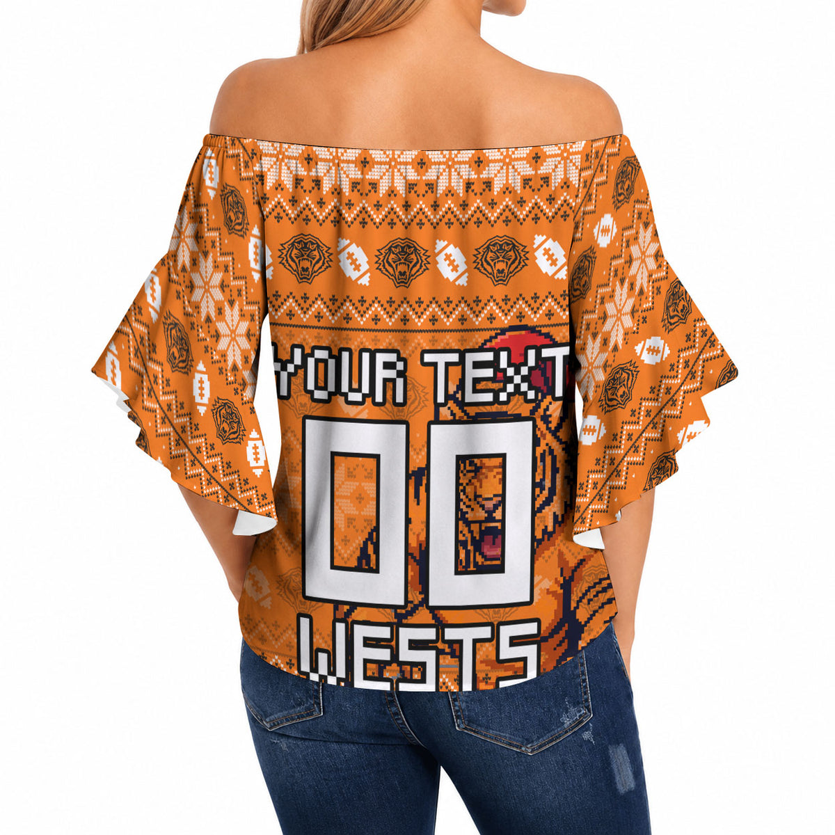 Personalized Wests Tigers Christmas Off Shoulder Wrap Waist Top Australian Rugby Fans - Pixelated Ugly Xmas Pattern Mascot Santa