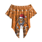 Personalized Wests Tigers Christmas Off Shoulder Wrap Waist Top Australian Rugby Fans - Pixelated Ugly Xmas Pattern Mascot Santa