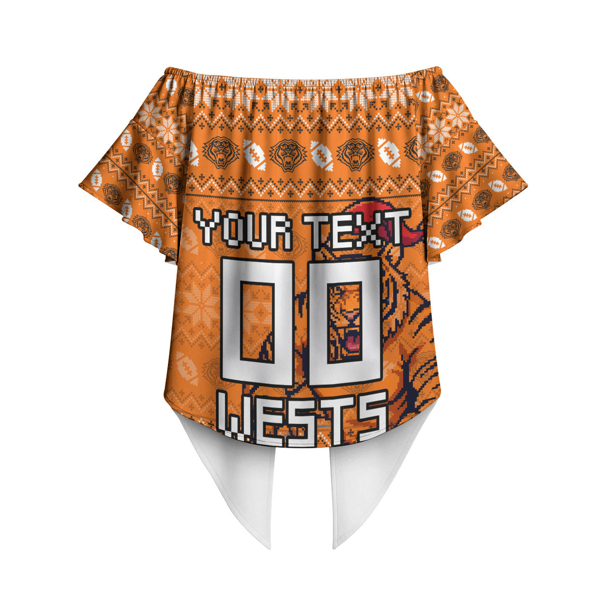 Personalized Wests Tigers Christmas Off Shoulder Wrap Waist Top Australian Rugby Fans - Pixelated Ugly Xmas Pattern Mascot Santa