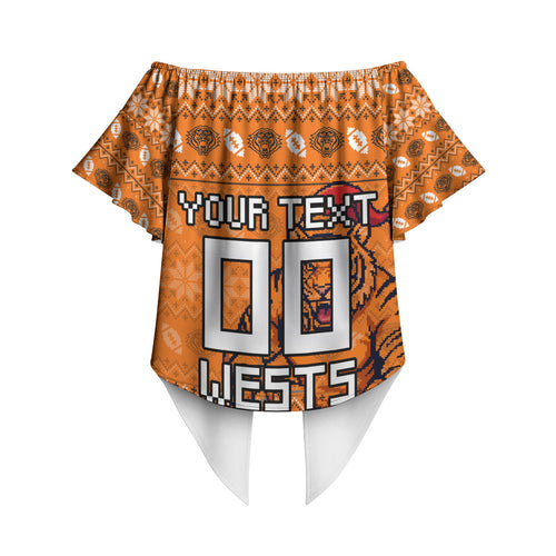 Personalized Wests Tigers Christmas Off Shoulder Wrap Waist Top Australian Rugby Fans - Pixelated Ugly Xmas Pattern Mascot Santa