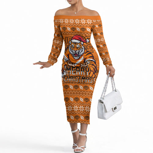 Personalized Wests Tigers Christmas Off The Shoulder Long Sleeve Dress Australian Rugby Fans - Pixelated Ugly Xmas Pattern Mascot Santa