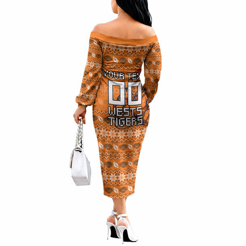 Personalized Wests Tigers Christmas Off The Shoulder Long Sleeve Dress Australian Rugby Fans - Pixelated Ugly Xmas Pattern Mascot Santa