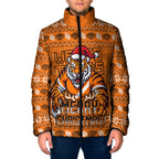 Personalized Wests Tigers Christmas Padded Jacket Australian Rugby Fans - Pixelated Ugly Xmas Pattern Mascot Santa
