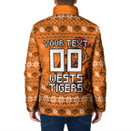 Personalized Wests Tigers Christmas Padded Jacket Australian Rugby Fans - Pixelated Ugly Xmas Pattern Mascot Santa