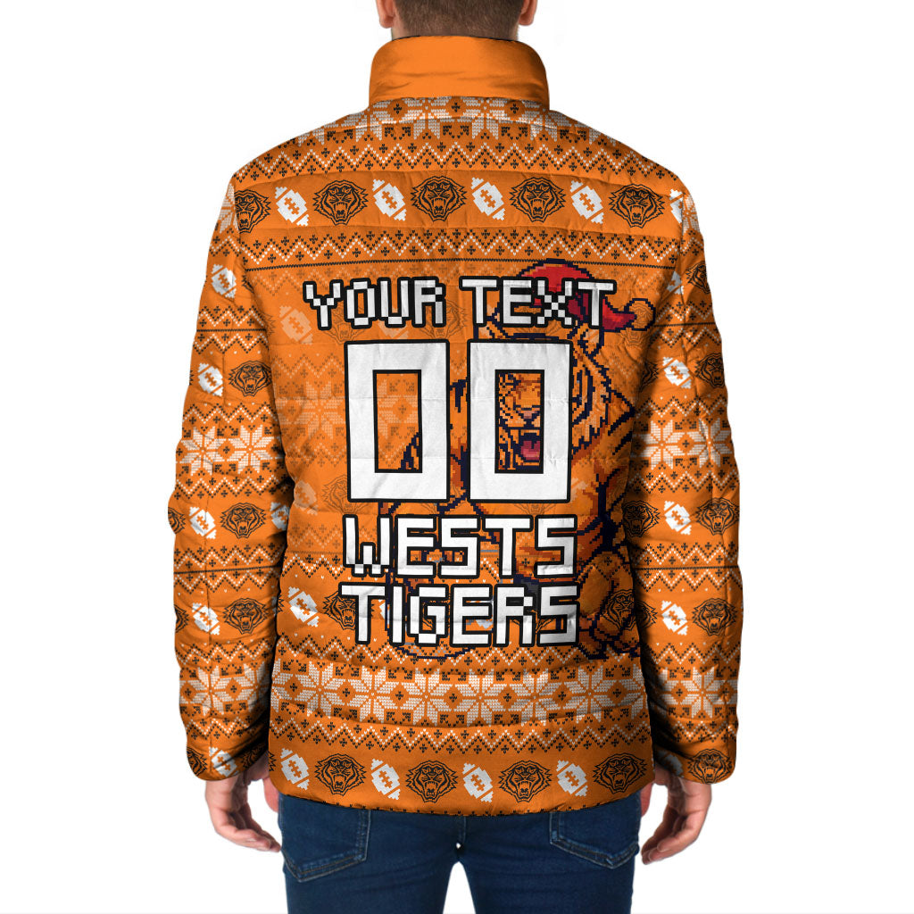 Personalized Wests Tigers Christmas Padded Jacket Australian Rugby Fans - Pixelated Ugly Xmas Pattern Mascot Santa