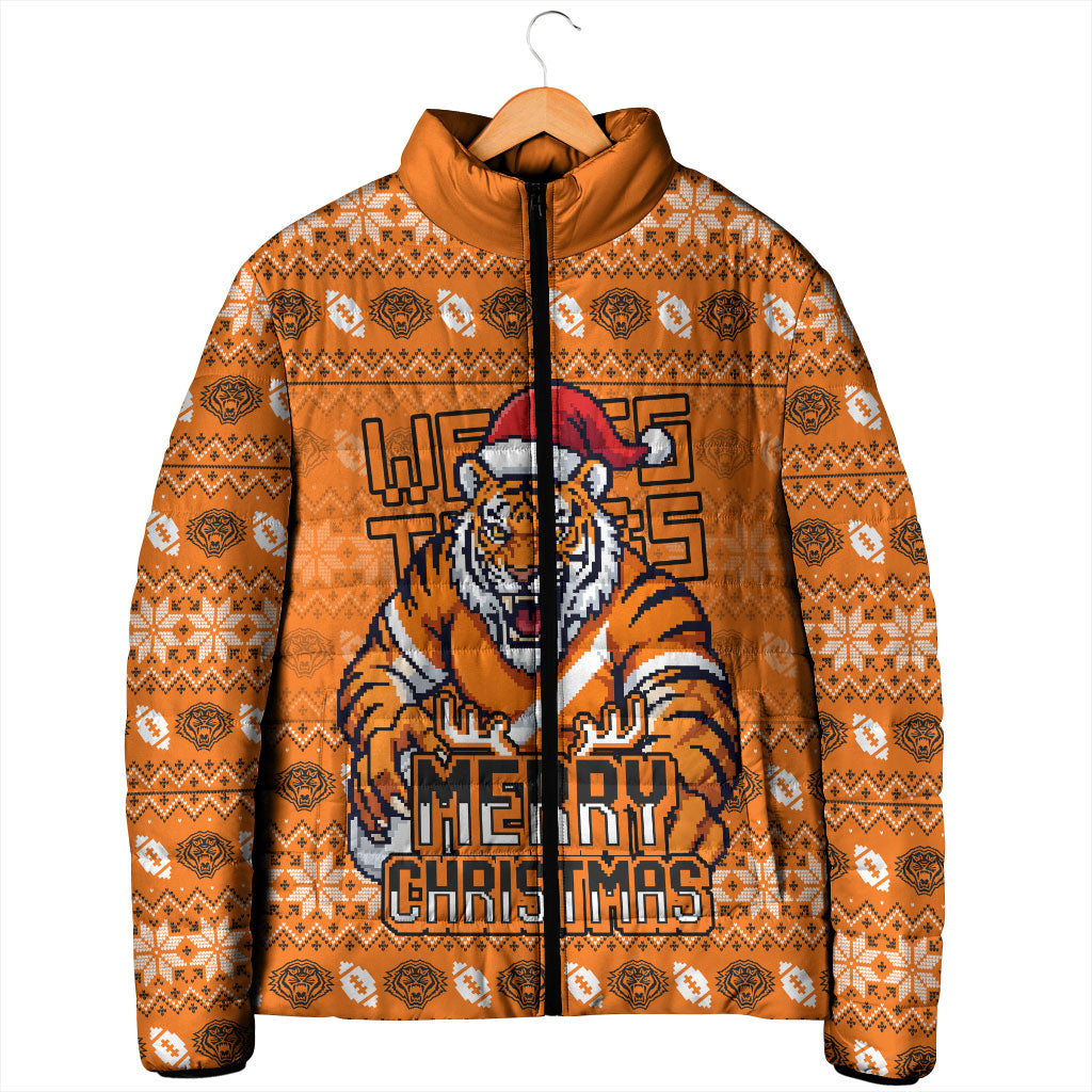 Personalized Wests Tigers Christmas Padded Jacket Australian Rugby Fans - Pixelated Ugly Xmas Pattern Mascot Santa