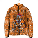 Personalized Wests Tigers Christmas Padded Jacket Australian Rugby Fans - Pixelated Ugly Xmas Pattern Mascot Santa