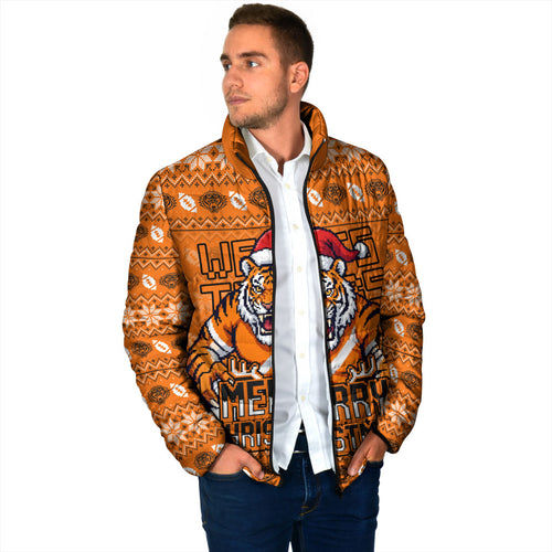 Personalized Wests Tigers Christmas Padded Jacket Australian Rugby Fans - Pixelated Ugly Xmas Pattern Mascot Santa