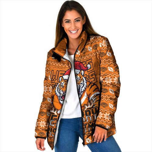 Personalized Wests Tigers Christmas Padded Jacket Australian Rugby Fans - Pixelated Ugly Xmas Pattern Mascot Santa