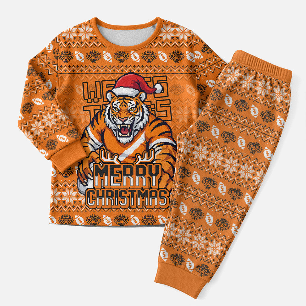 Personalized Wests Tigers Christmas Pajama Set Australian Rugby Fans - Pixelated Ugly Xmas Pattern Mascot Santa