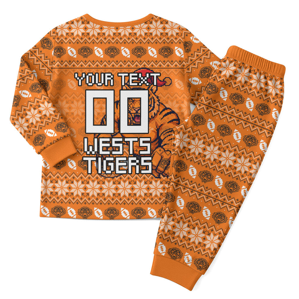 Personalized Wests Tigers Christmas Pajama Set Australian Rugby Fans - Pixelated Ugly Xmas Pattern Mascot Santa