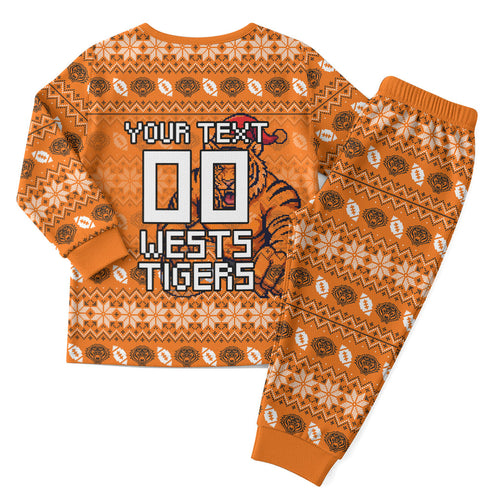 Personalized Wests Tigers Christmas Pajama Set Australian Rugby Fans - Pixelated Ugly Xmas Pattern Mascot Santa