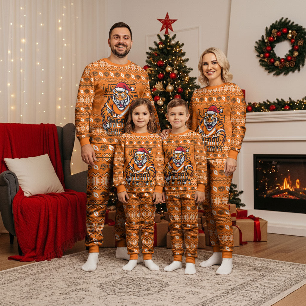 Personalized Wests Tigers Christmas Pajama Set Australian Rugby Fans - Pixelated Ugly Xmas Pattern Mascot Santa